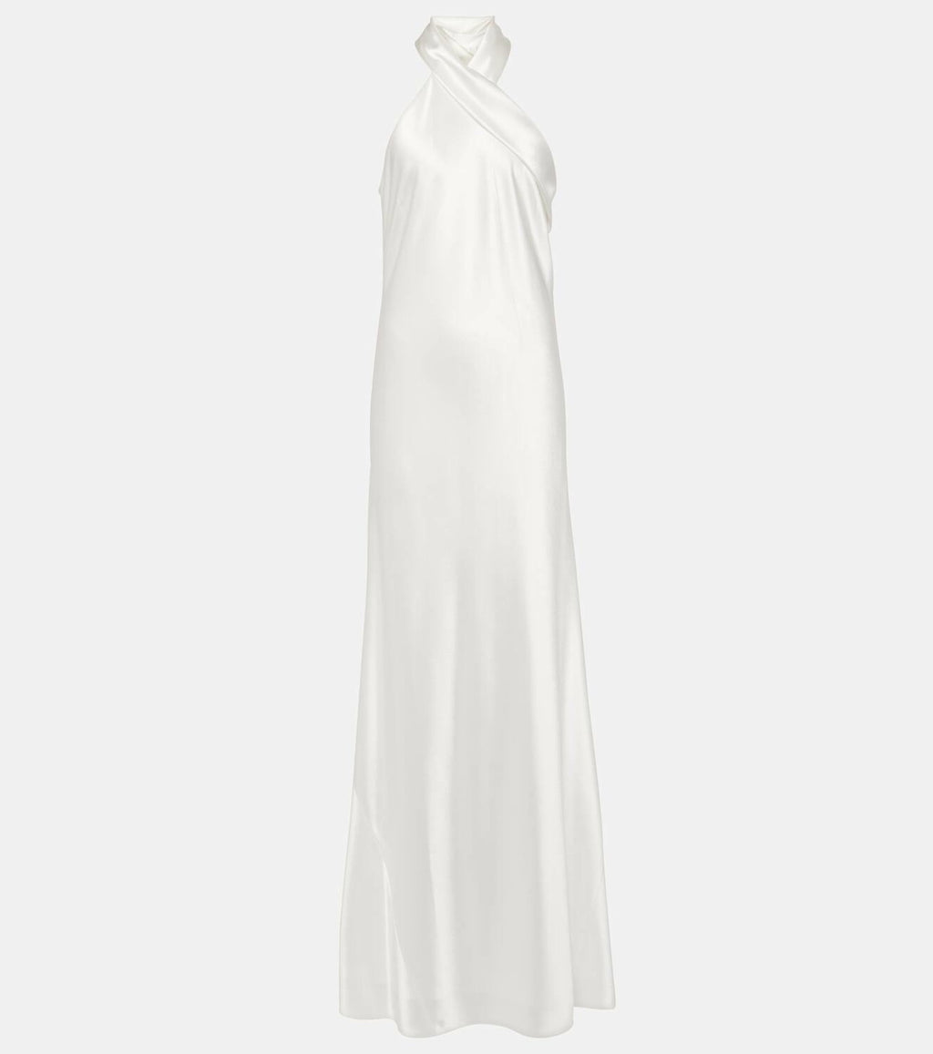 Galvan Silver Satin Pandora Halterneck Sash Detail Gown