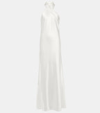 Galvan Silver Satin Pandora Halterneck Sash Detail Gown
