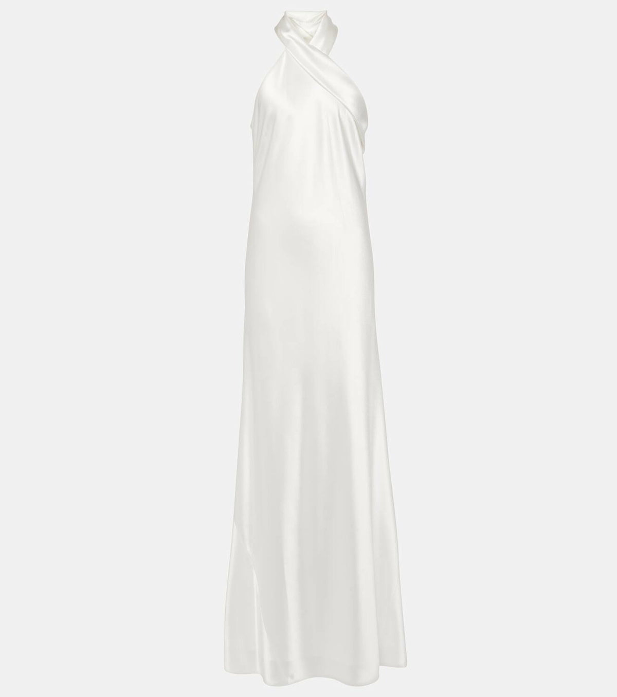 Galvan Silver Satin Pandora Halterneck Sash Detail Gown