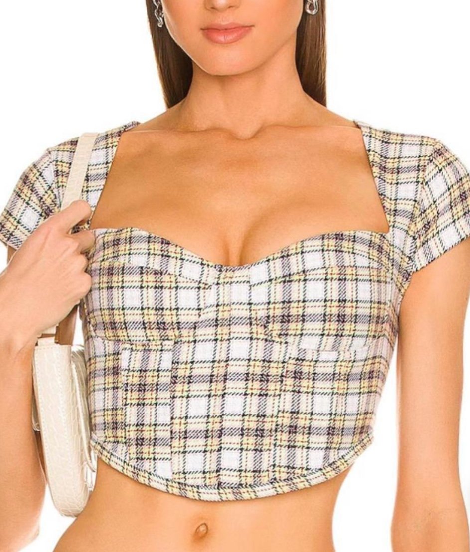 Danielle Guizio Tweed Plaid Check Corset Crop Top