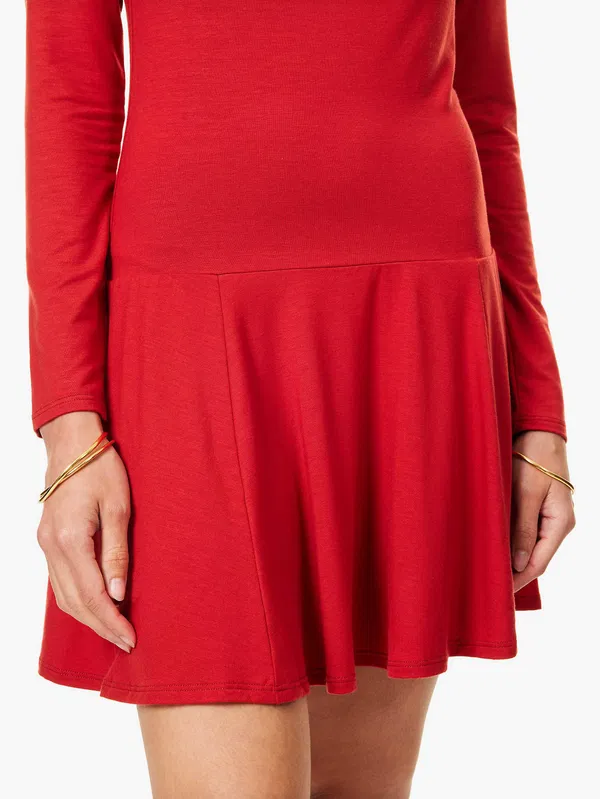 Reformation Coen Red Knit Square Neck Drop Waist Pleat Hem Mini Dress
