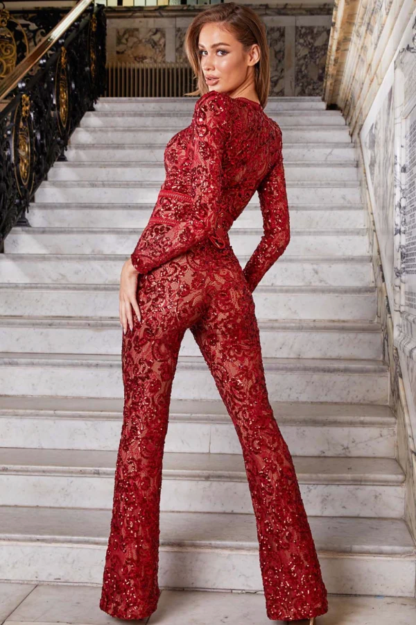 NADINE MERABI Red Bella Fully Sequinned Nude Lace Jumpsuit - House Of Huntington