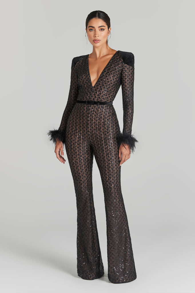 NADINE MERABI Black Rachel Full Sequinned Lace Detail Feather Cuff Jumpsuit - House Of Huntington