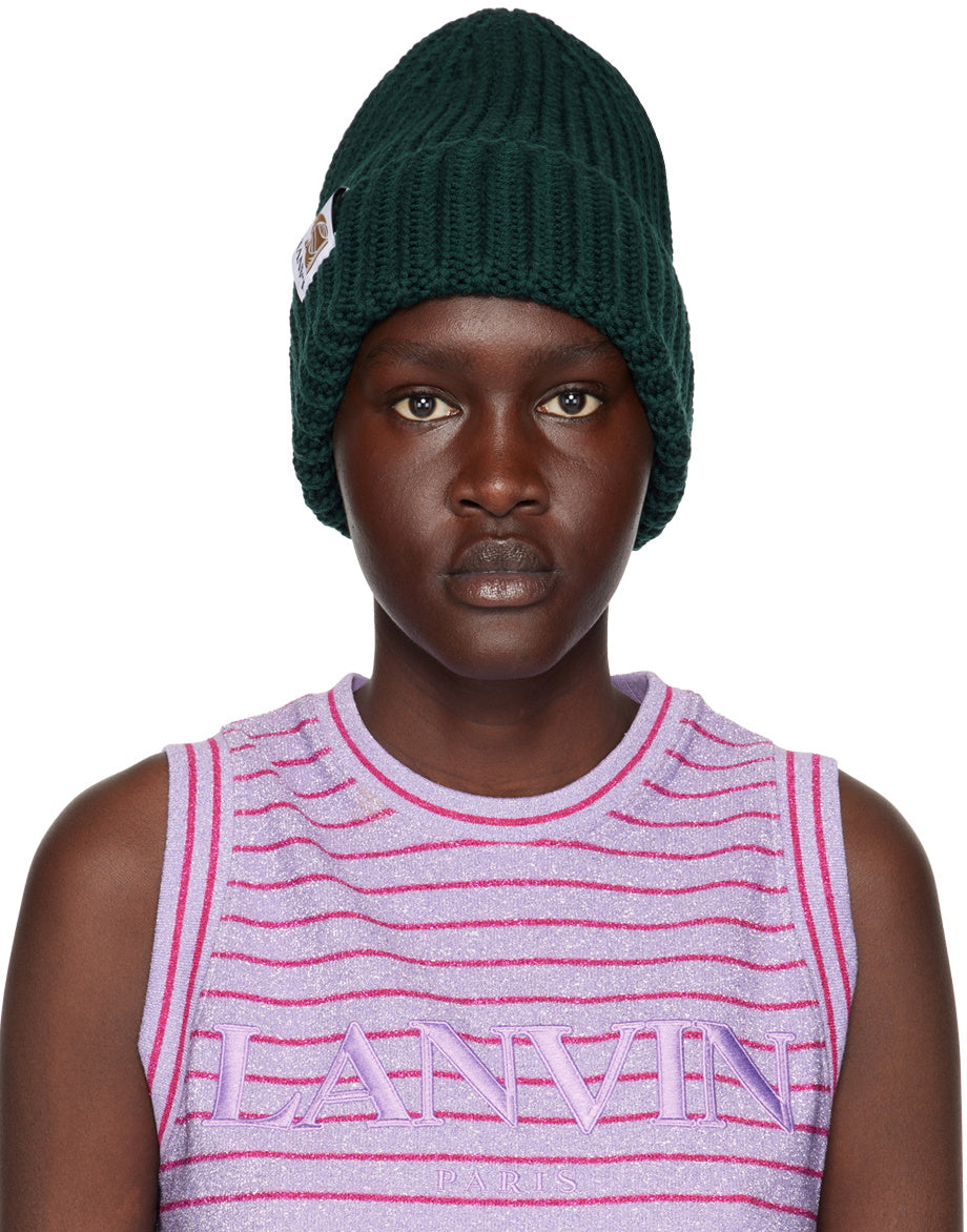 Lanvin Green Logo Tab Ribbed Knit Wool Beanie Hat