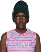 Lanvin Green Logo Tab Ribbed Knit Wool Beanie Hat