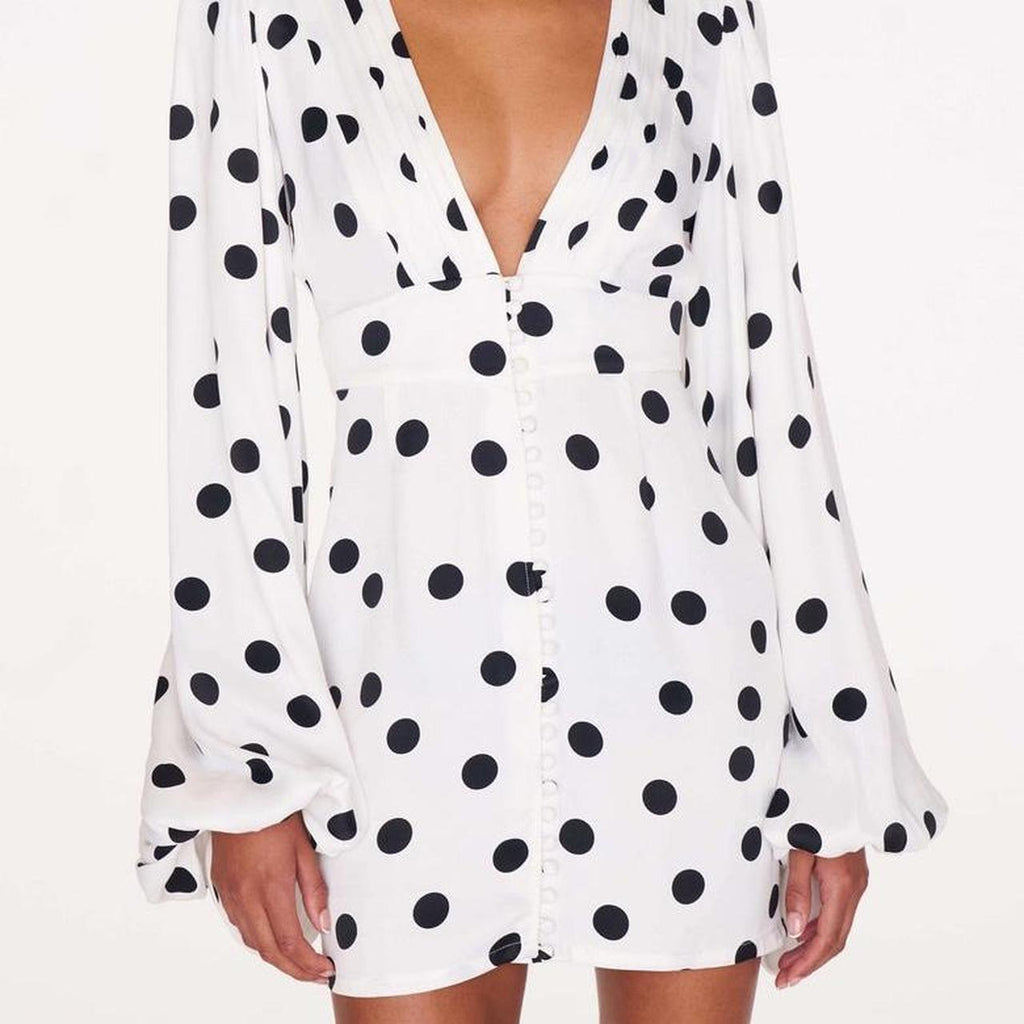 Rat and Boa Rodeo White Perla Polka Dot Plunge Neck Mini Dress