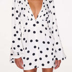 Rat and Boa Rodeo White Perla Polka Dot Plunge Neck Mini Dress