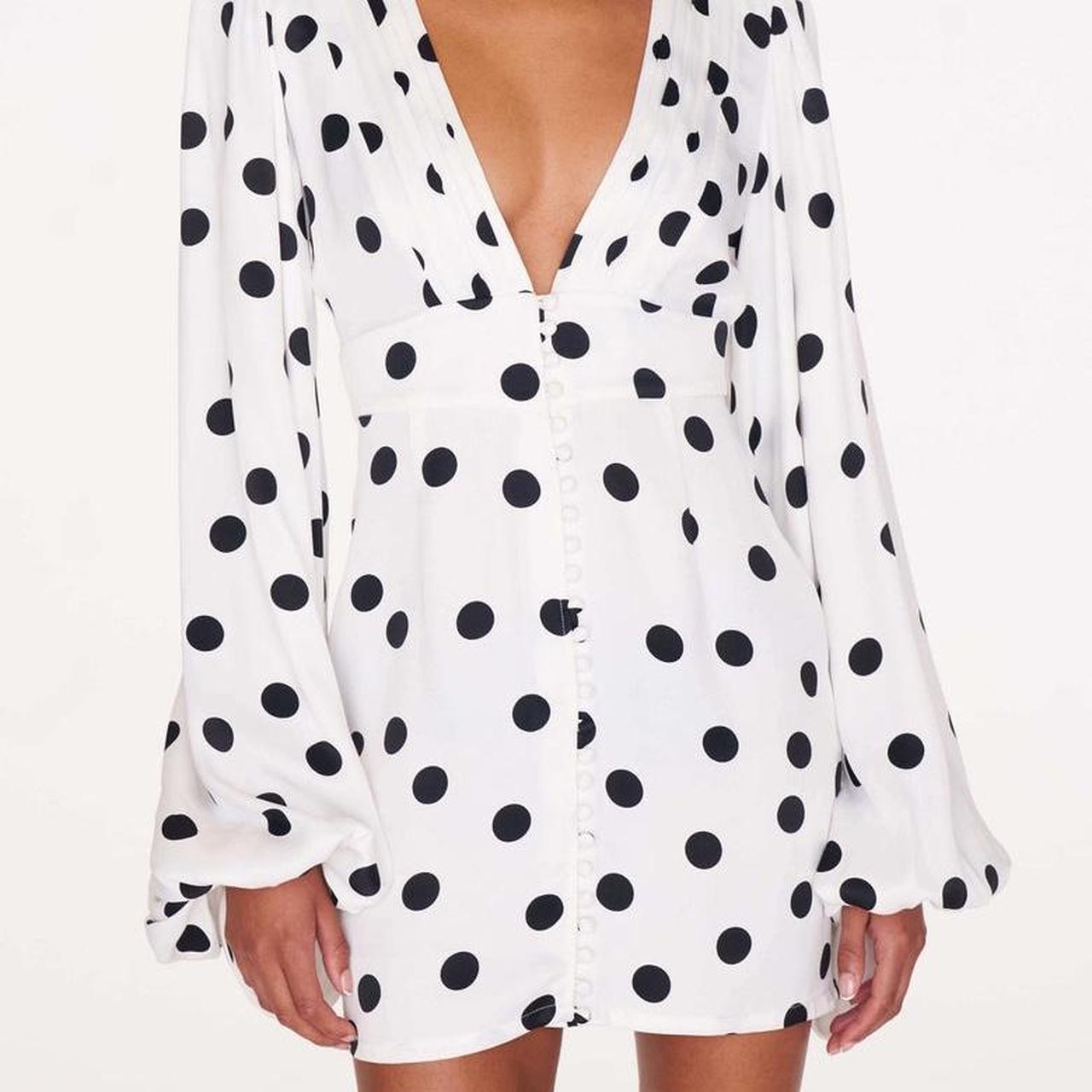 Rat and Boa Rodeo White Perla Polka Dot Plunge Neck Mini Dress