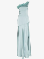 De La Vali Blue Satin Finca Feather Trim One Shoulder Gown Dress