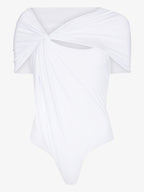 MAXIMILIAN DAVIS Disco White Asymmetric Draped Stretch-jersey Bodysuit Top - House Of Huntington