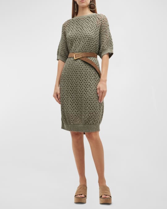 Brunello Cucinelli Green Crochet Open Knit Cotton Linen Silk Blend Dress