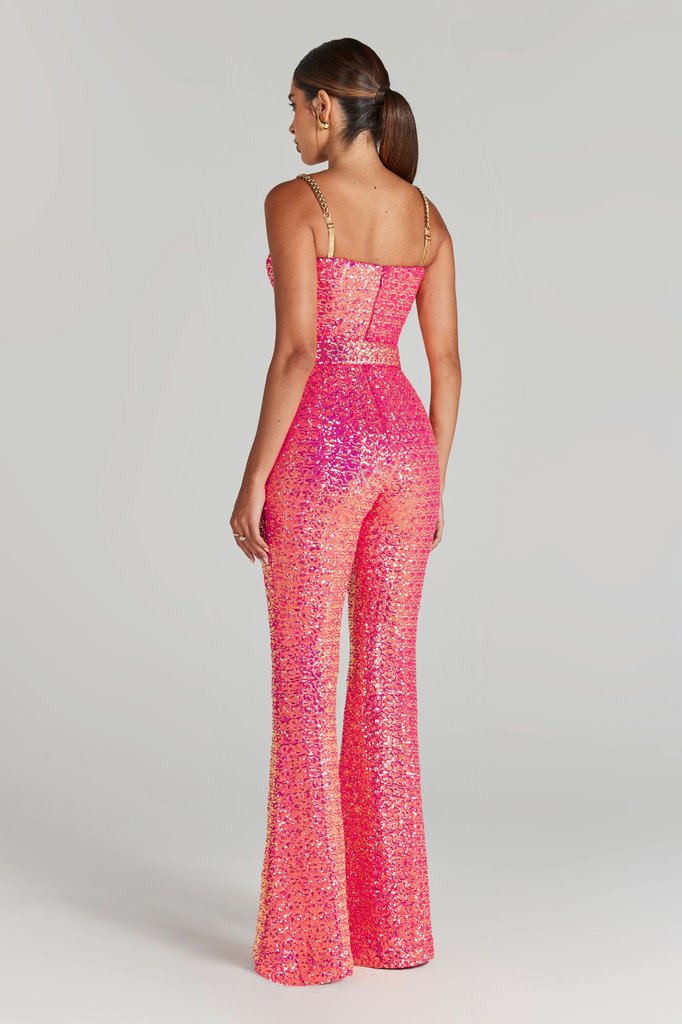 Nadine Merabi Pink Lucinda Gold Chain Strap Sweetheart Neck Jumpsuit - House Of Huntington