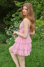 Amy Jane London Pink Iris Lace Coquette Corset Bodice Tiered Ruffle Tulle Hem Mini Dress - House Of Huntington