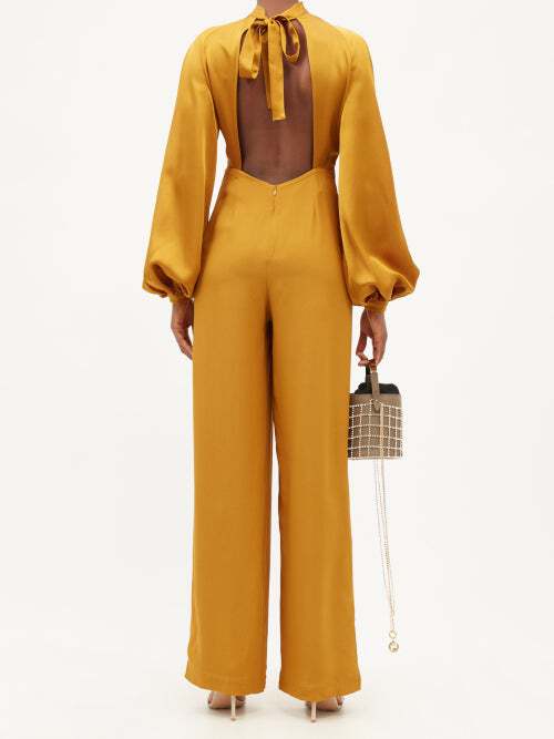TALLER MARMO Huston Backless Balloon-Sleeve Crepe Yellow Gold Jumpsuit - House Of Huntington