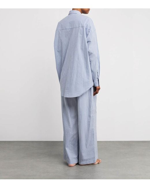 Skims Blue Striped Logo Embroidered Cotton Poplin Pyjama Shirt & Bottoms Sleep Set