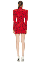 Alessandra Rich Red Floral Rose Print Silk High Neck Keyhole Front Mini Dress