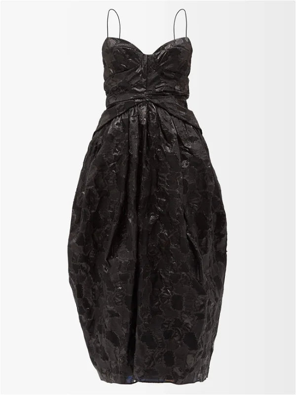 CECILIE BAHNSEN Jeorge Black Floral Print Woven Midi Dress - House Of Huntington