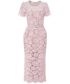 Self-Portrait Pink Floral Lace Pearl Embellished Neck Belted Midi Dress