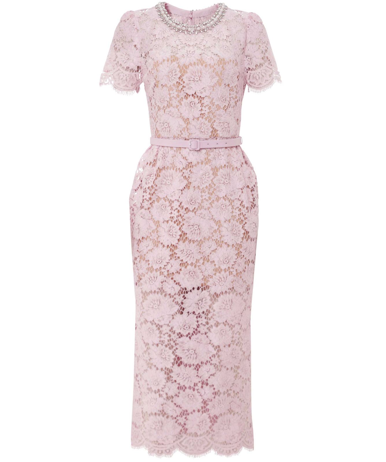Self-Portrait Rosa Blumen-Spitzenkleid mit Perlenverzierung am Ausschnitt und Gürtel