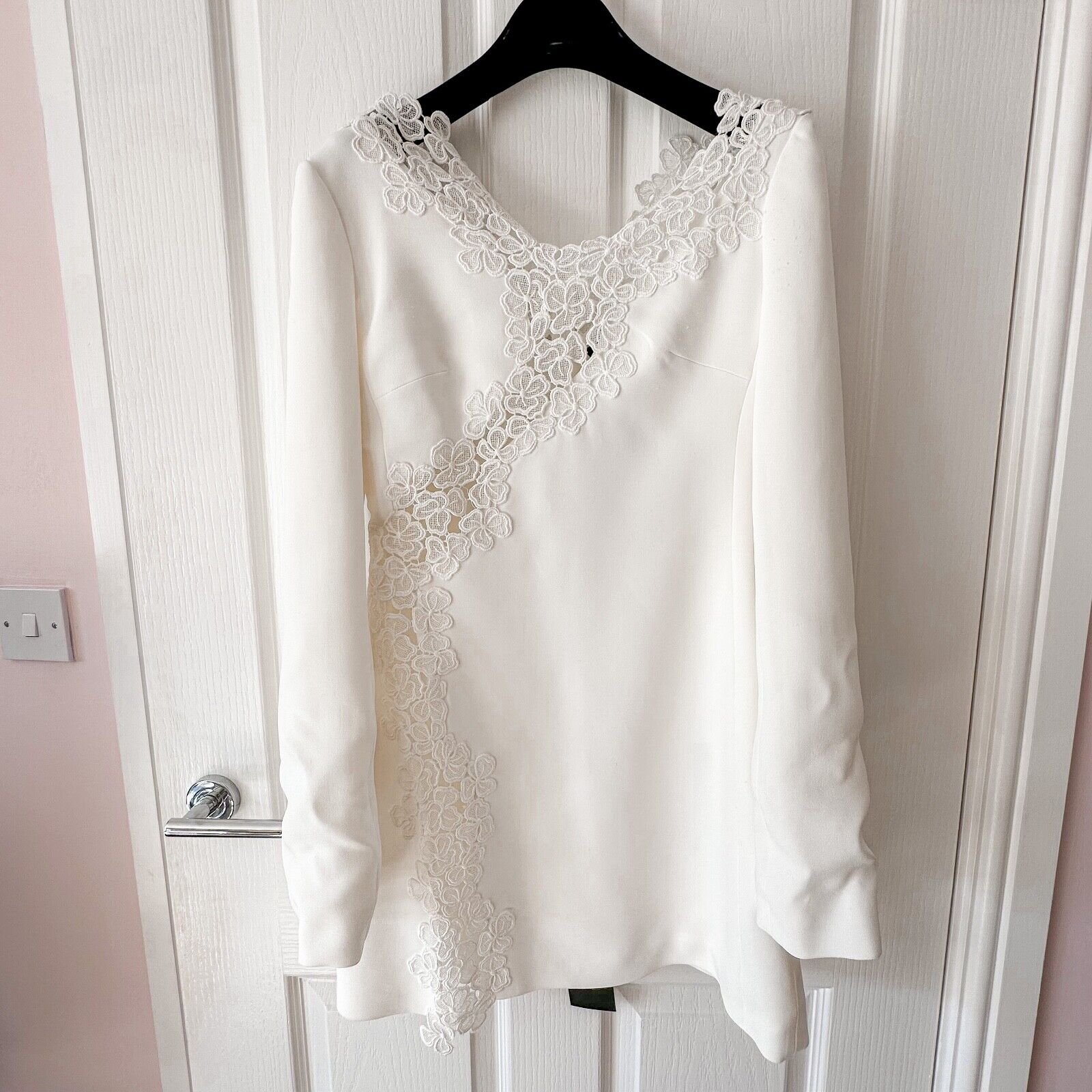 DAVID KOMA White Crepe Lace Macrame Trim Dress - House Of Huntington