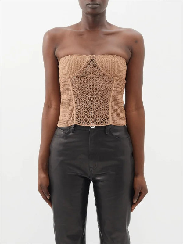 KHAITE The Lori Lace Almond Brown Corset Top - House Of Huntington