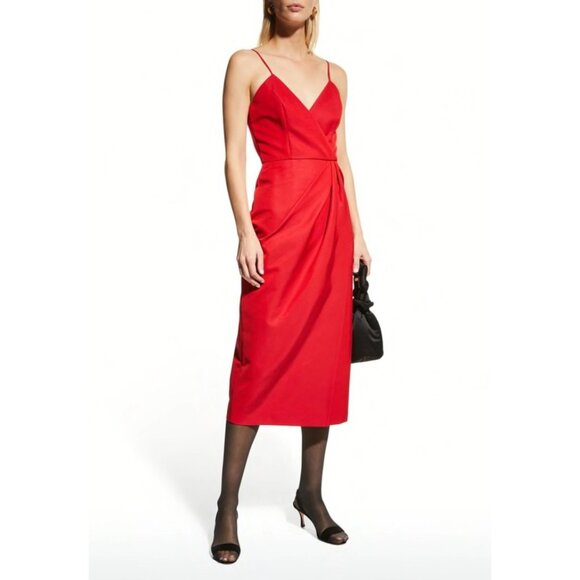 Carolina Herrera Runway Red Wrap Ruched Spaghetti Strap Pencil Silk Dress