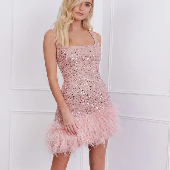 NADINE MERABI Pink Evie Pearl Sequin Embellished Feather Trim Dress - House Of Huntington