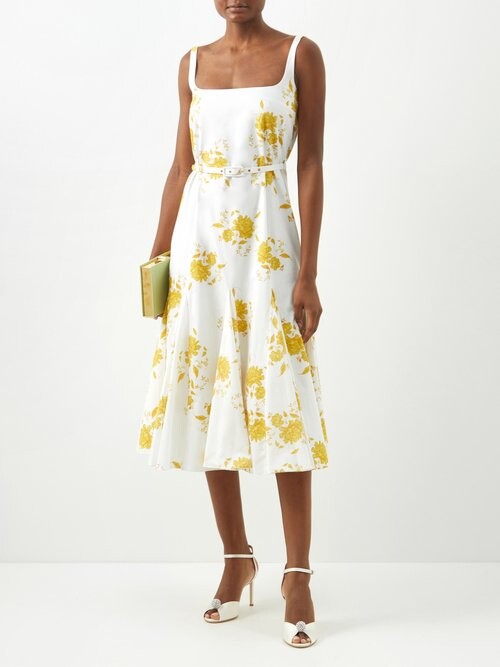 Emilia Wickstead Marita Floral-print Cotton-poplin Yellow White Square Neck Dress - House Of Huntington