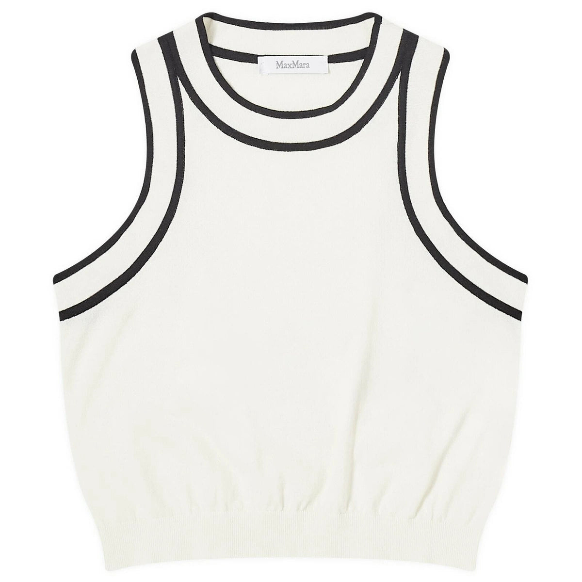 Max Mara Ruggero White sleeveless top with black trim on a white background