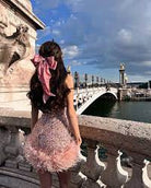 NADINE MERABI Pink Evie Pearl Sequin Embellished Feather Trim Dress - House Of Huntington