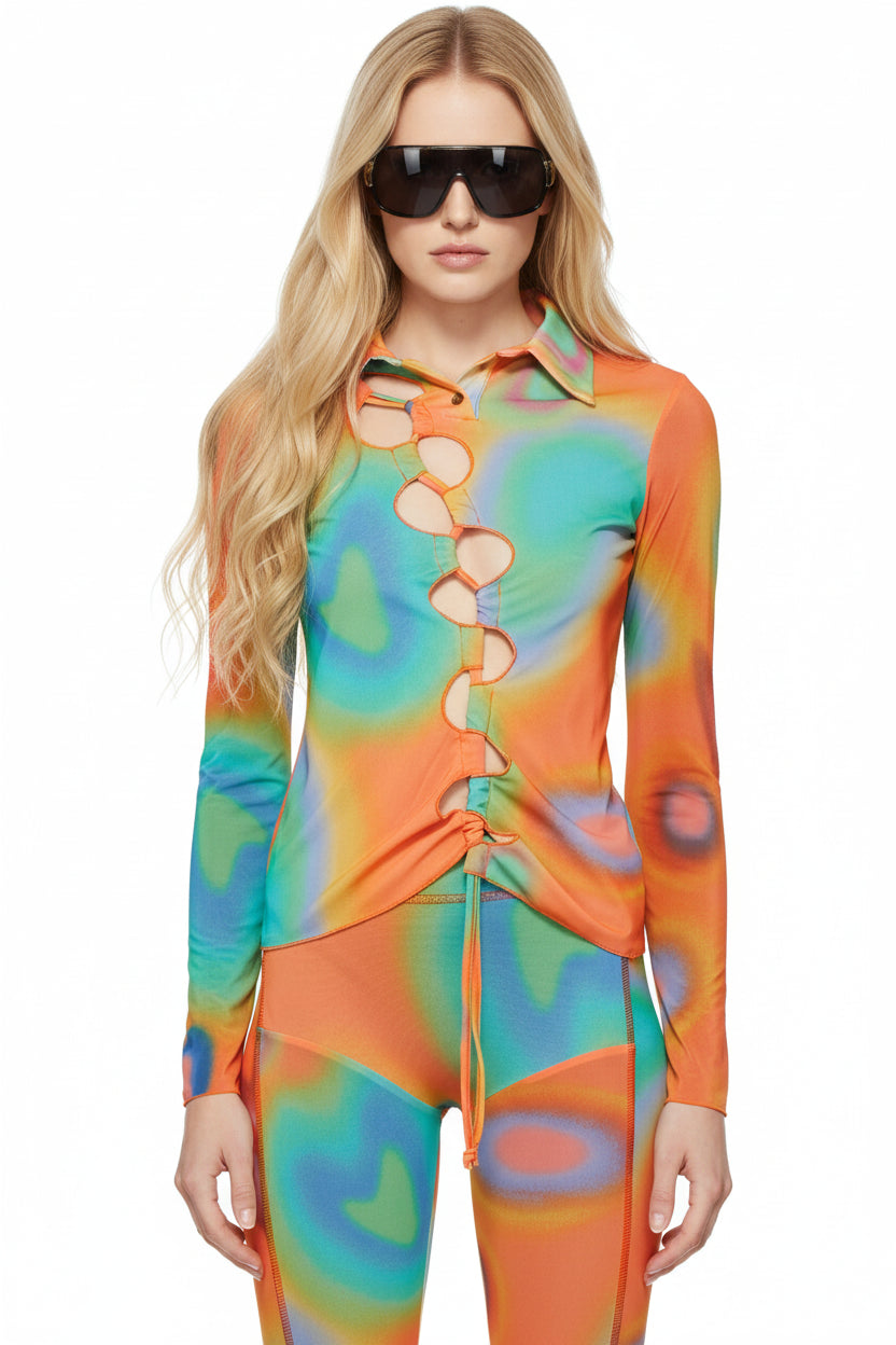 AVAVAV Orange Mesh Multicolor Cut-Out Shirt