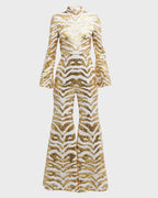 Halpern White Gold Sequinned Tiger-stripe Flared Jumpsuit - House Of Huntington