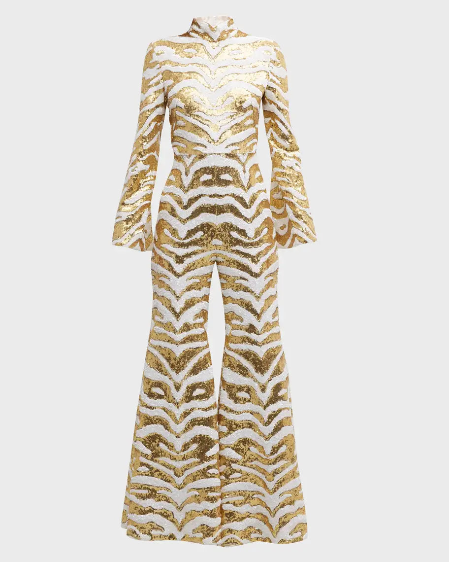 Halpern White Gold Sequinned Tiger-stripe Flared Jumpsuit - House Of Huntington
