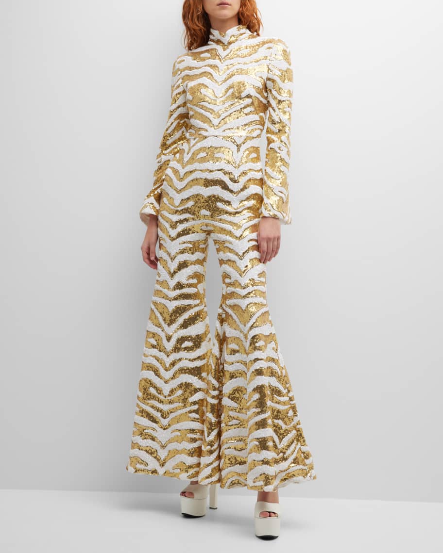 Halpern White Gold Sequinned Tiger-stripe Flared Jumpsuit - House Of Huntington