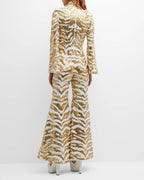 Halpern White Gold Sequinned Tiger-stripe Flared Jumpsuit - House Of Huntington