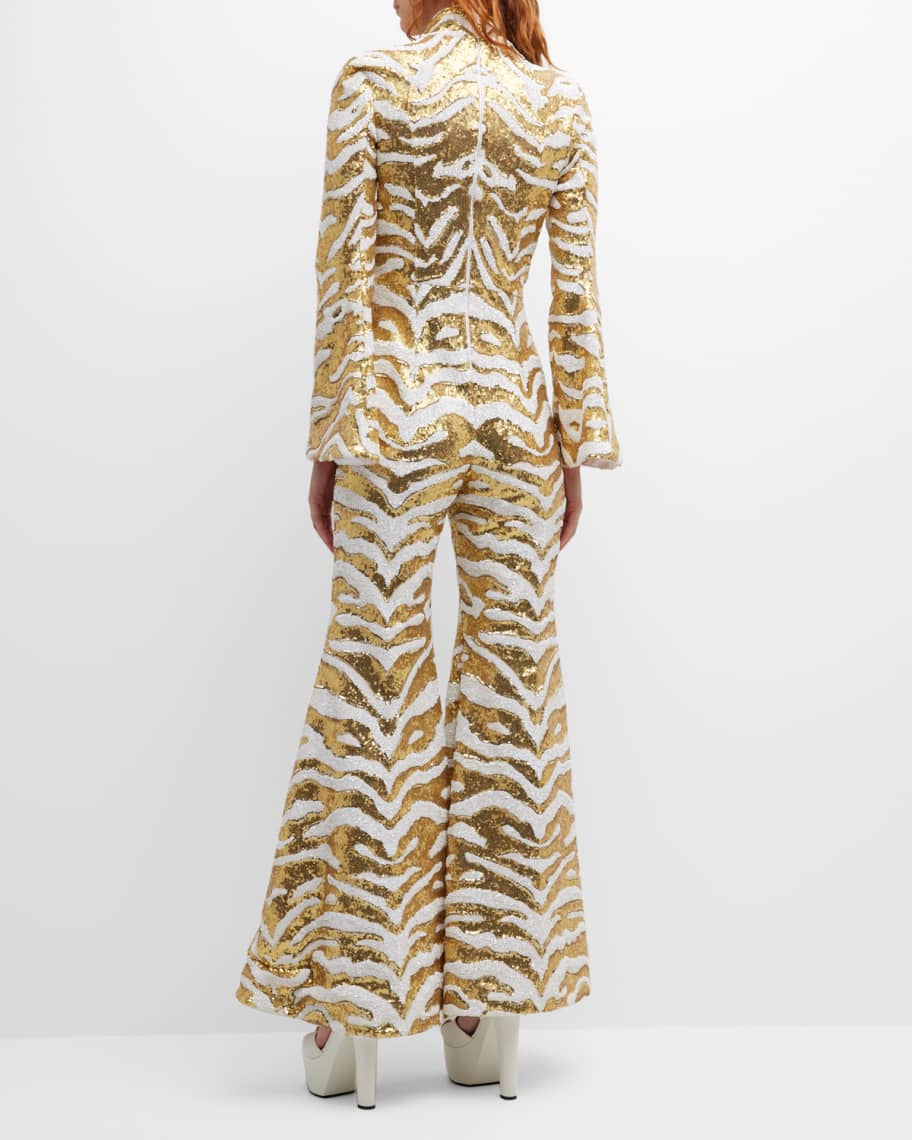 Halpern White Gold Sequinned Tiger-stripe Flared Jumpsuit - House Of Huntington