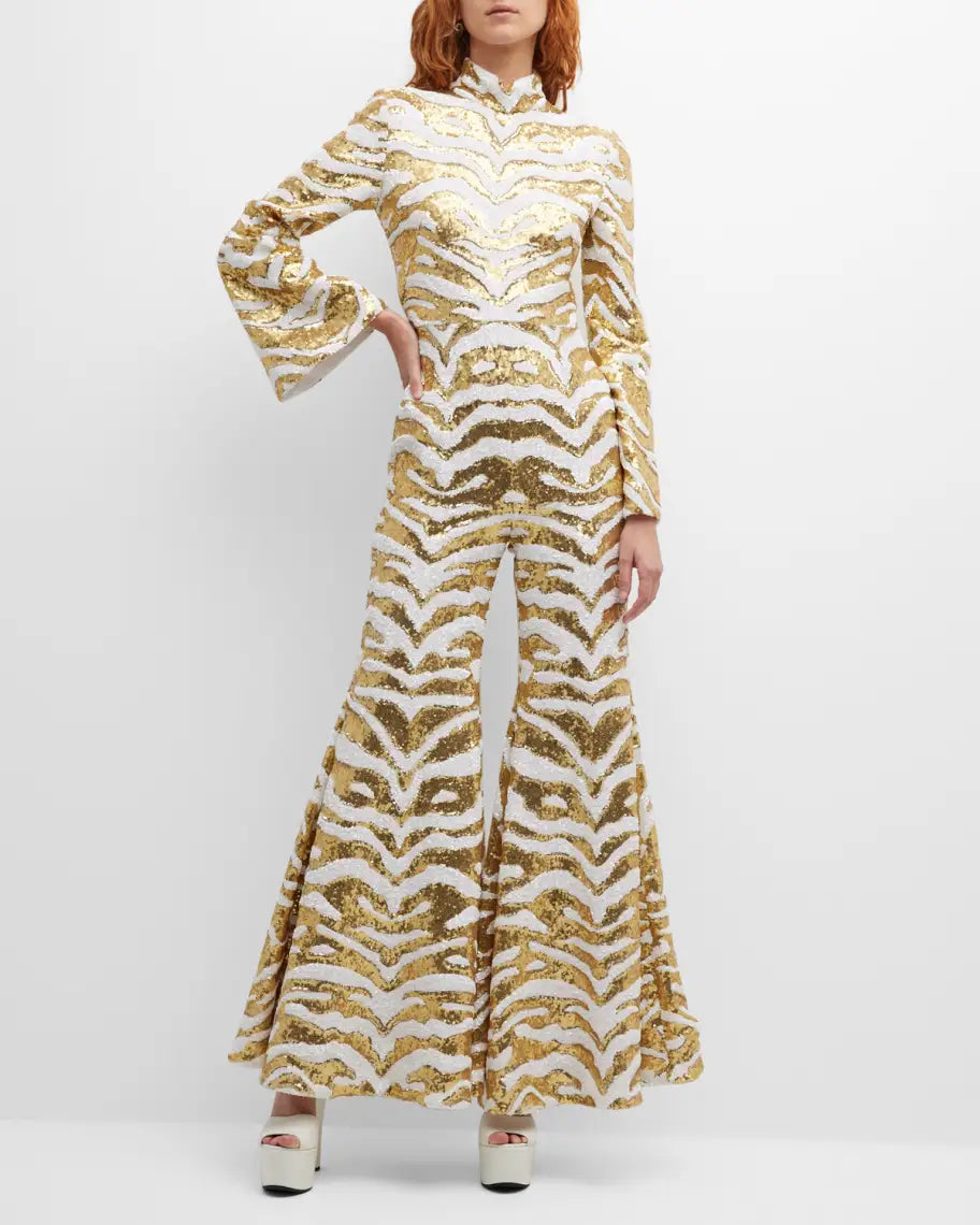 Halpern White Gold Sequinned Tiger-stripe Flared Jumpsuit - House Of Huntington