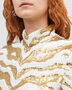 Halpern White Gold Sequinned Tiger-stripe Flared Jumpsuit - House Of Huntington