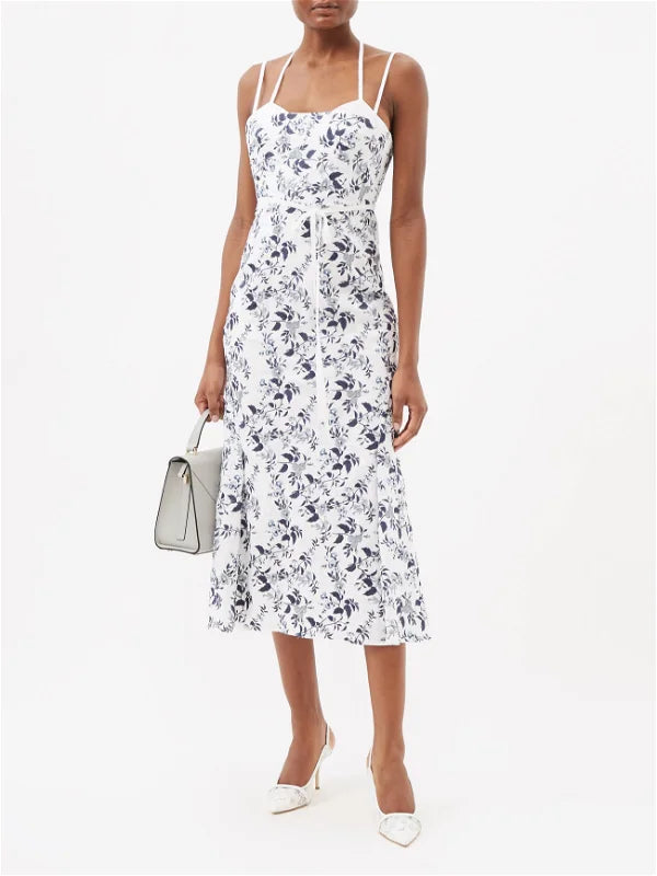Floral Embroidered Blue Strappy Otto Midi Dress