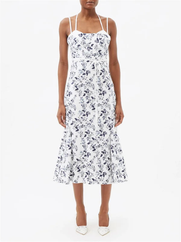 ERDEM Floral Linen Embroidered Blue White Strappy Otto Midi Dress - House Of Huntington