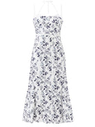 ERDEM Floral Linen Embroidered Blue White Strappy Otto Midi Dress - House Of Huntington