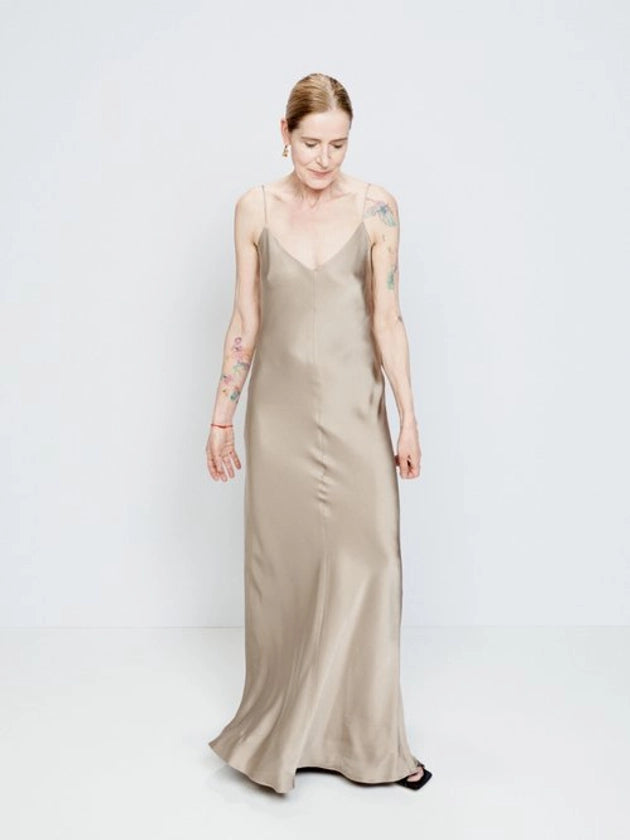 RAEY V-Neck Silk-Satin Grey Maxi Dress - House Of Huntington
