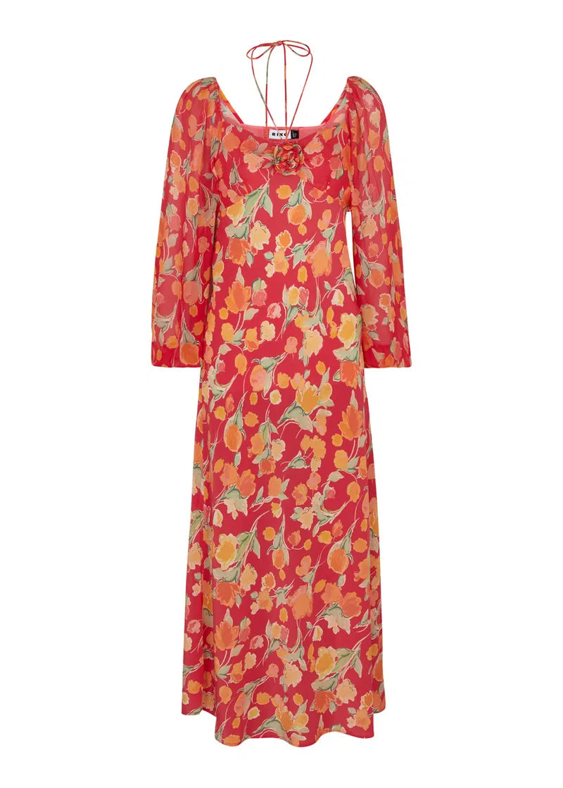 Rixo Jeanie Floral Print Silk Midi Dress