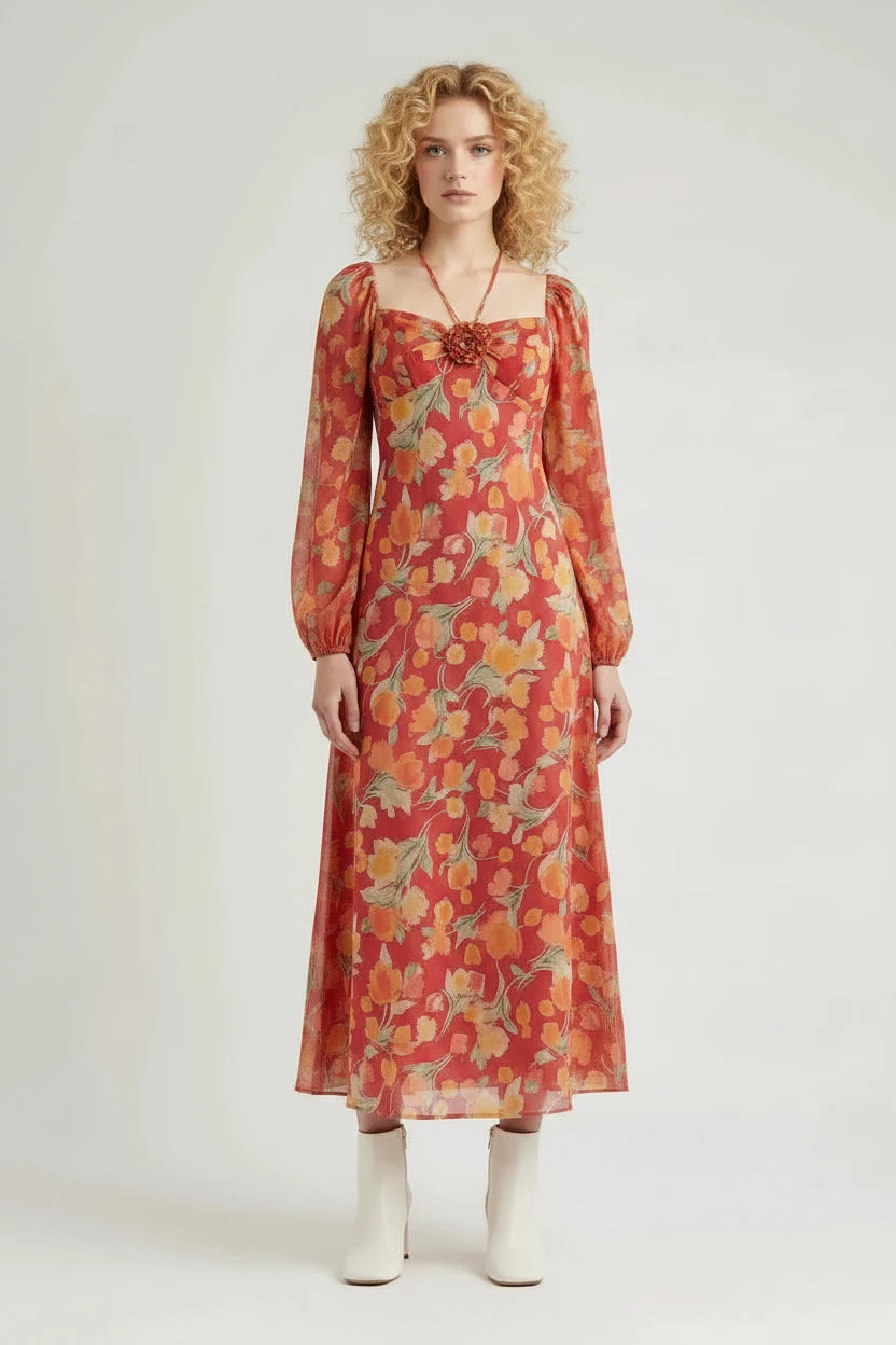 Rixo Jeanie Floral Print Silk Midi Dress