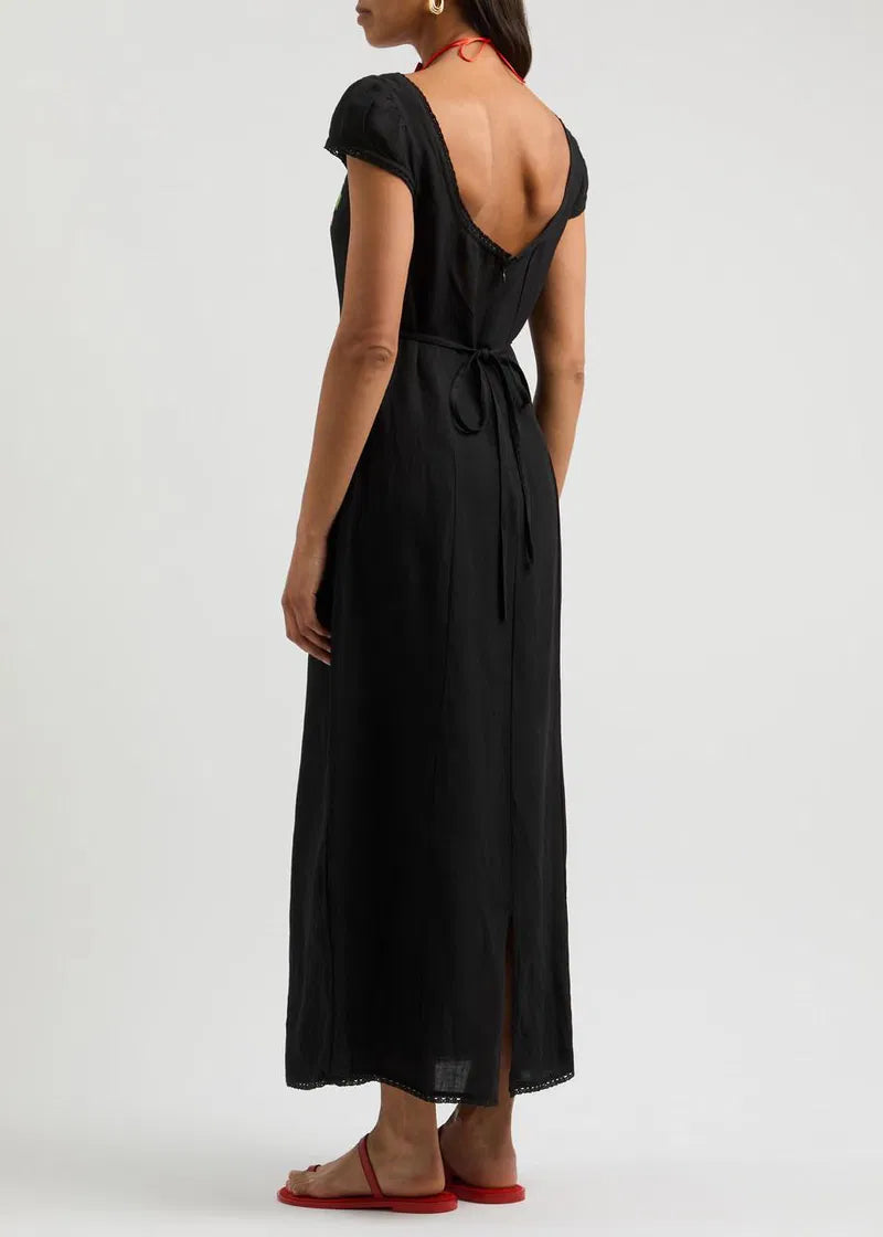 Rixo London Schwarzes besticktes Maxikleid mit Blumenmuster „Tahlee“