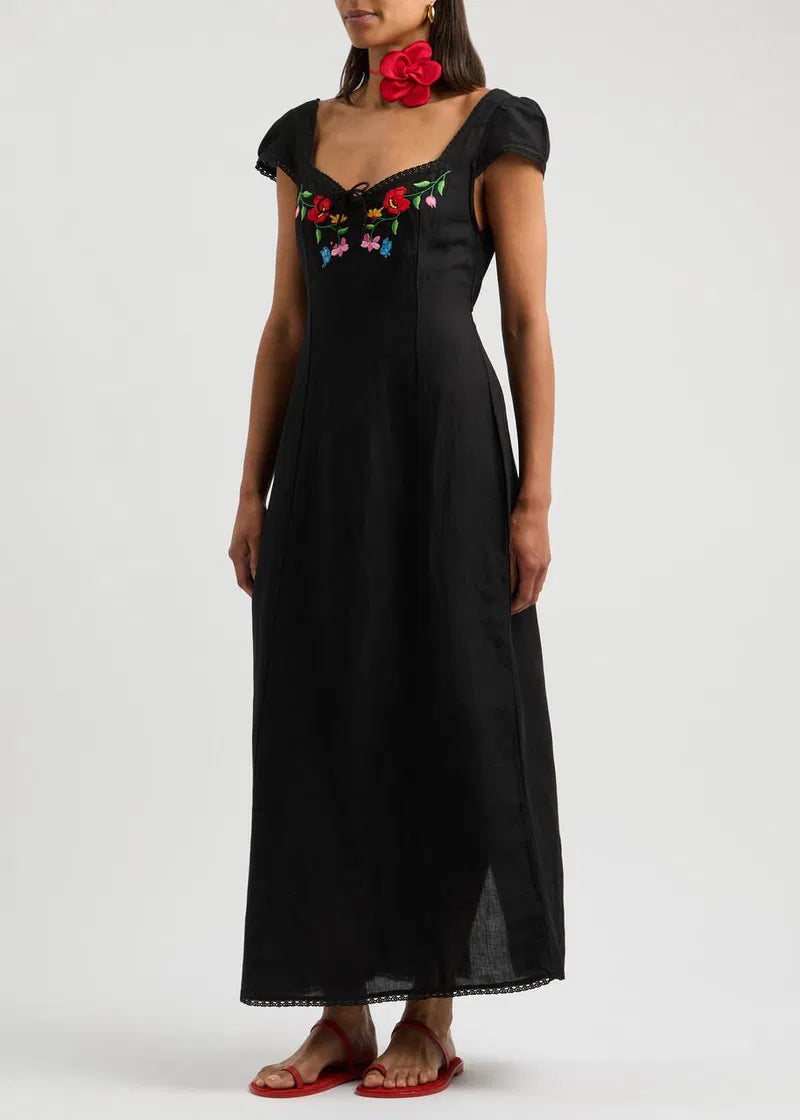 Rixo London Schwarzes besticktes Maxikleid mit Blumenmuster „Tahlee“