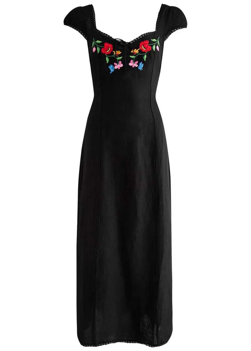 Rixo London Schwarzes besticktes Maxikleid mit Blumenmuster „Tahlee“