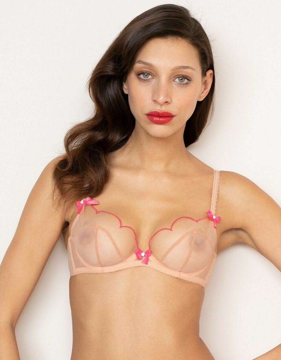 AGENT PROVOCATEUR Lorna Pink Nude Tulle Bow Detail Scalloped Bra - House Of Huntington
