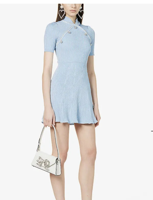 ZELFPORTRET Crystal verfraaid Mandarijn kraag ribgebreide blauwe mini-jurk