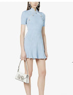 ZELFPORTRET Crystal verfraaid Mandarijn kraag ribgebreide blauwe mini-jurk